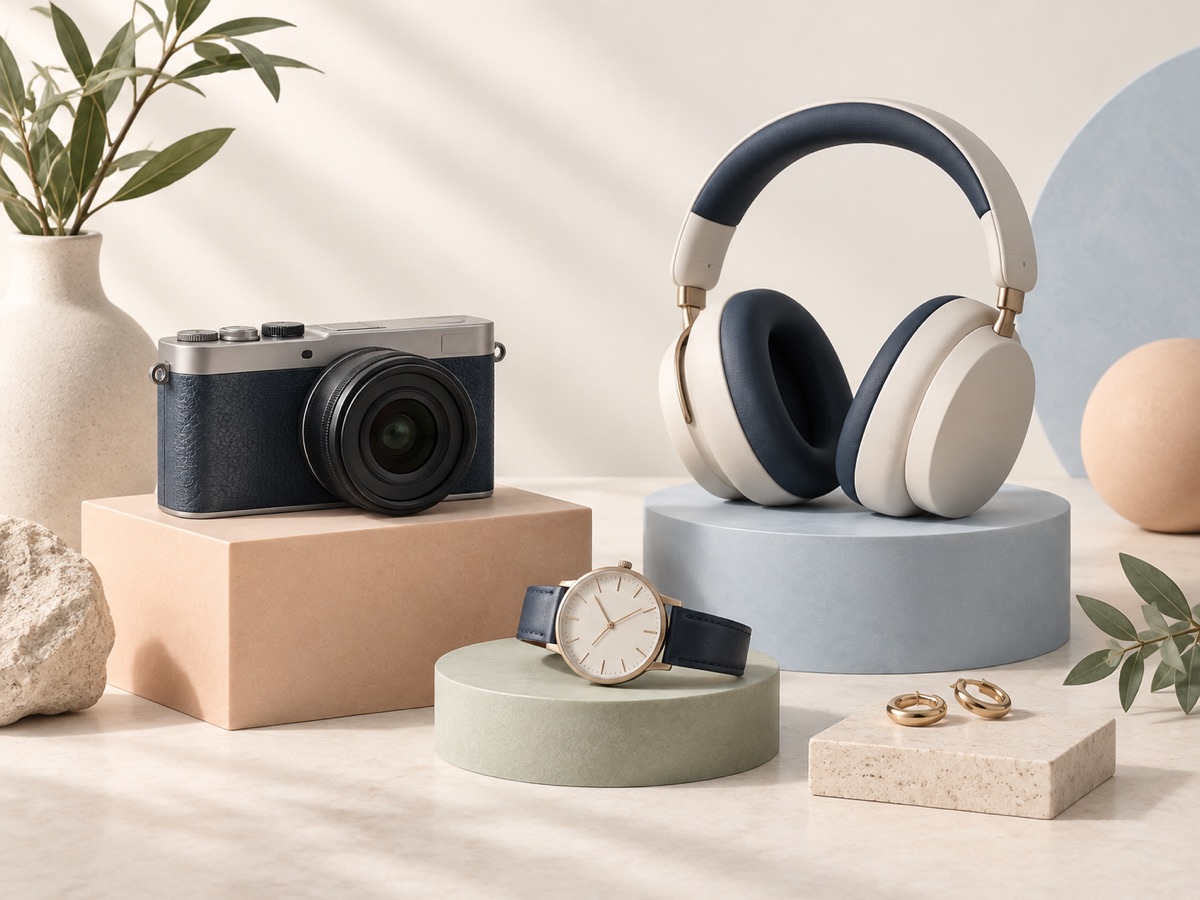 Editorial illustration of a camera, headphones, wristwatch and earrings on pastel display blocks.